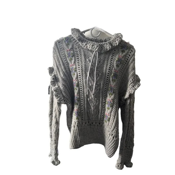 Zara Oversized Grey Pink Embroidered Ruffle Sweater - Picture 2 of 9